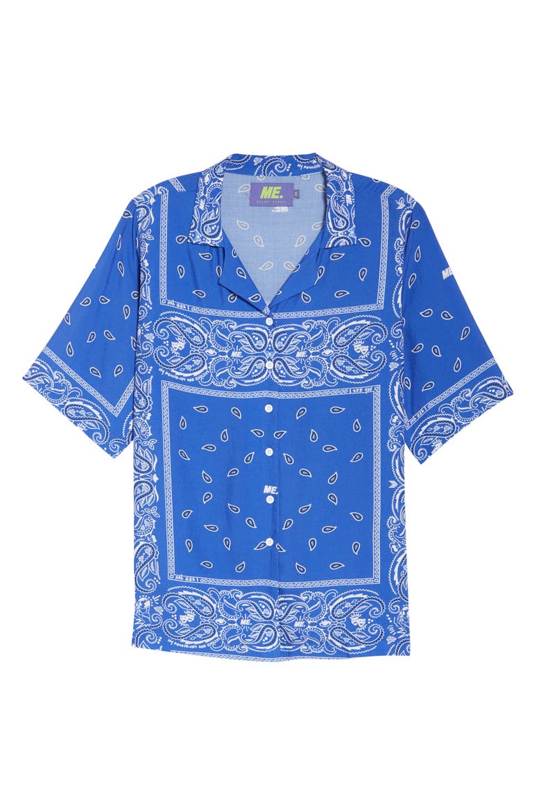 Staycation Bandana Print Short Sleeve Button-Up Top, Alternate, color, BLUE