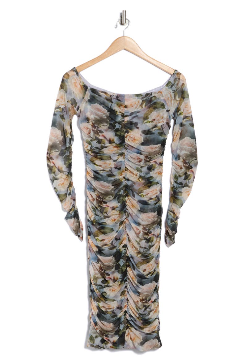 Morgana Off the Shoulder Ruched Mesh Dress, Alternate, color, MULTI DISTRESSED FLORAL