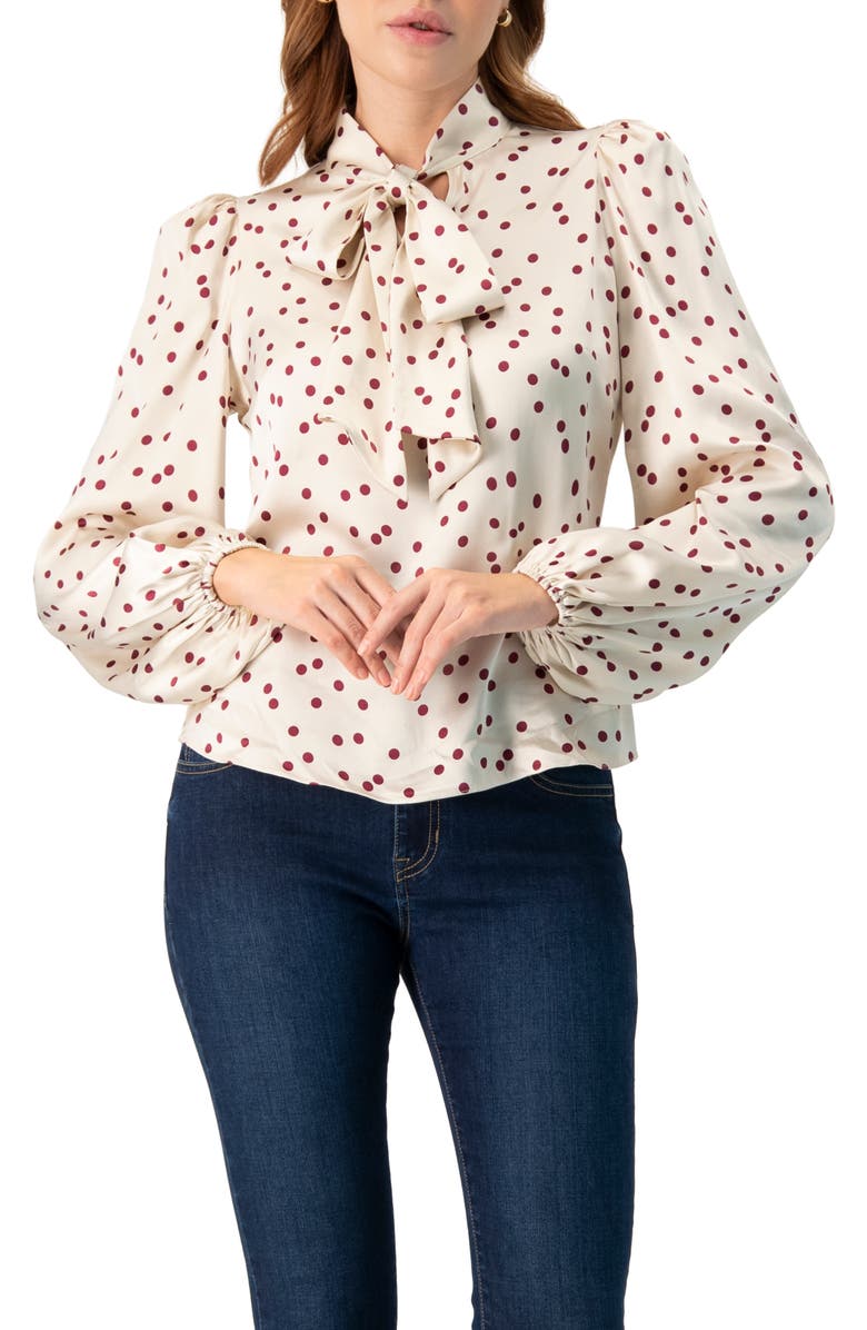 IVONNE Long Sleeve Polka Dot Blouse with Neck Tie, Main, color, Ivory