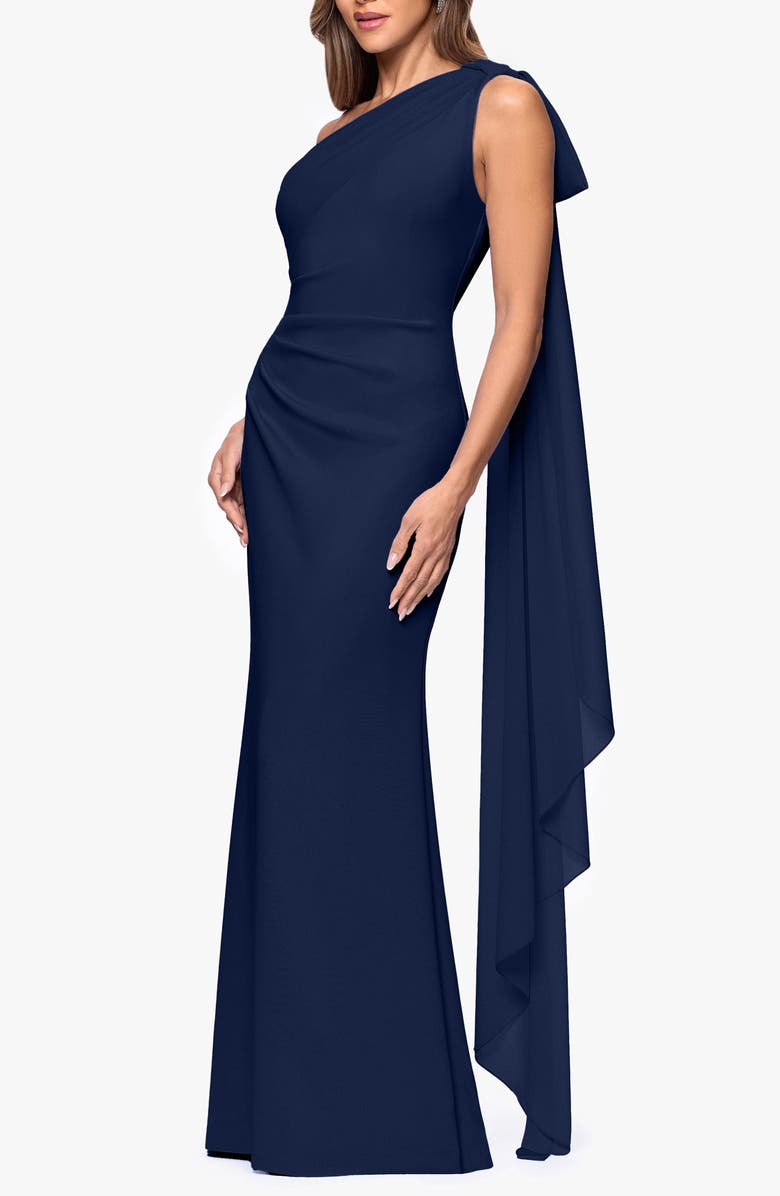 Xscape Evenings Sash Detail One-Shoulder Scuba Crepe Sheath Gown, Alternate, color, 
