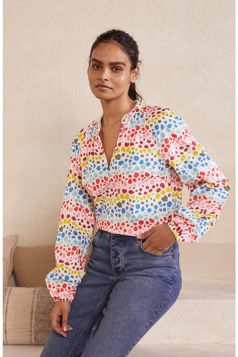 Heather Split Neck Blouse, Alternate, color, IVORY MULTI RAINBOW LEOPARD
