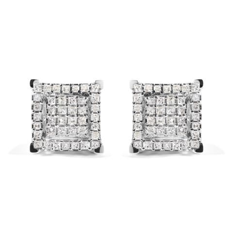 10K White Gold 1 1/4 Ct Princess Diamond Composite Square and Halo Stud Earrings