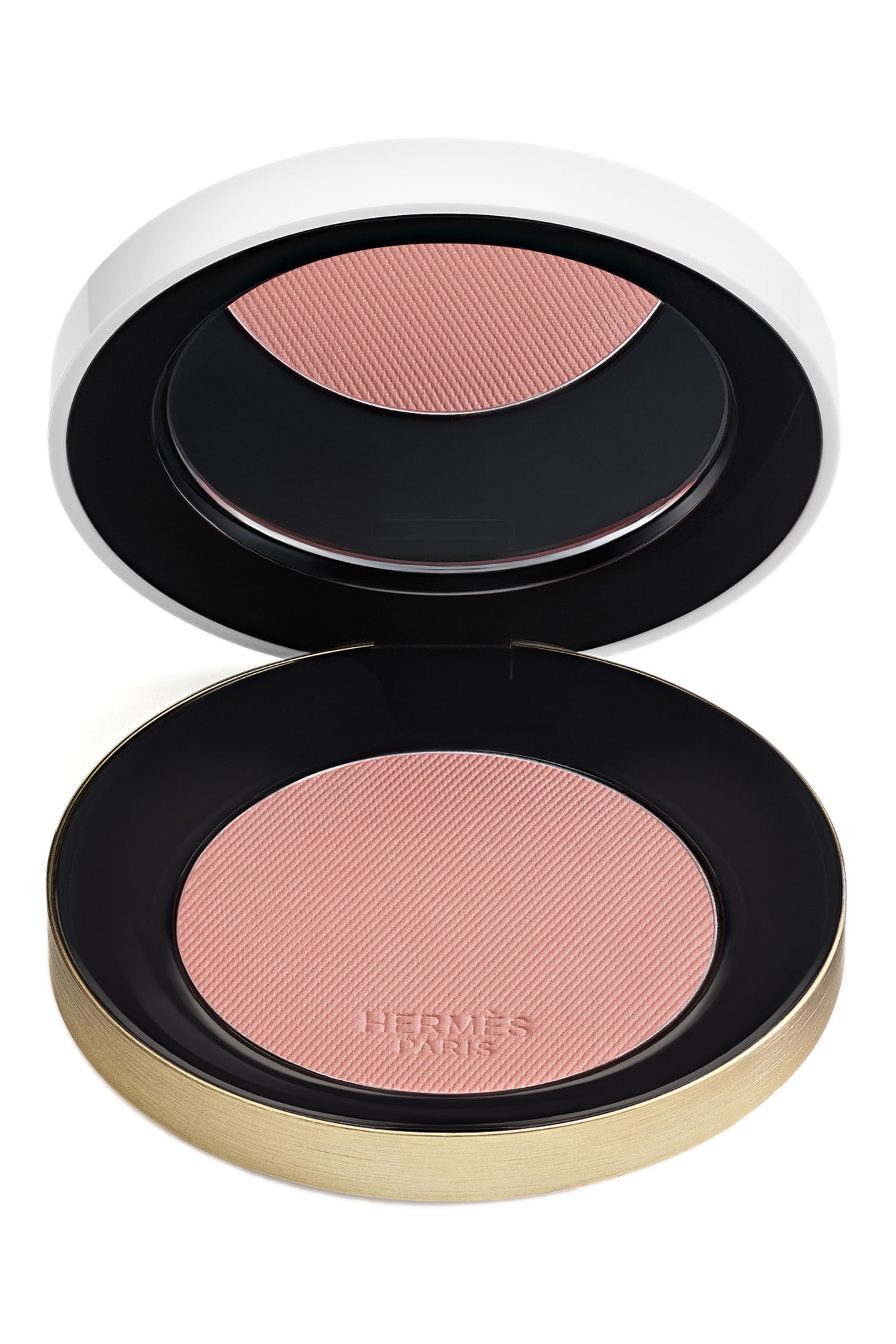 Rose Hermès Silky Blush Powder compact open showing pink powder — Hermès