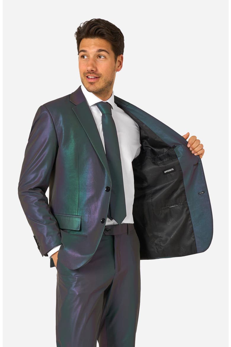 Reflective Perspective Iridescent Slim Fit Two-Piece Suit & Tie Set, Alternate, color, GREEN MISC