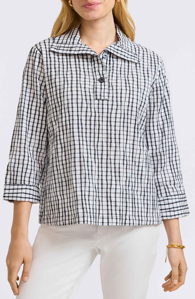 Foxcroft Sammy Check Crinkled Cotton Blend Top, Main, color, White/ Black