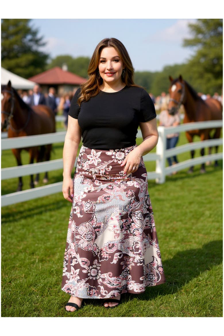 Plus Size Paisley Elastic Waist A-Line Maxi Skirt, Alternate, color, Brown Multi