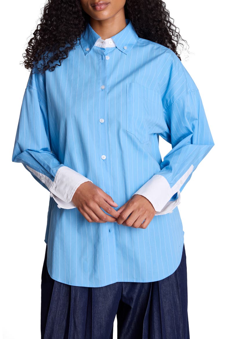 Pinstriped Cotton Button-Up Shirt, Main, color, LAKE BLUE/WHITE