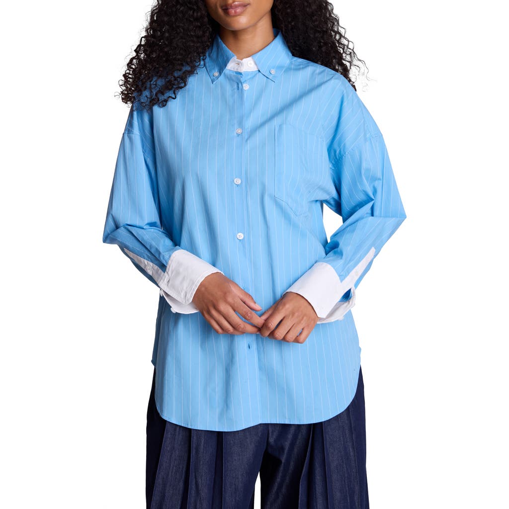 Kenneth Cole Pinstriped Cotton Button-up Shirt In Lake Blue/white