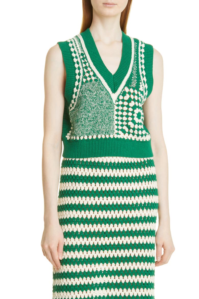Cicilla Mix Stitch Crochet Organic Cotton Vest, Main, color, CREME GREEN CROCHET