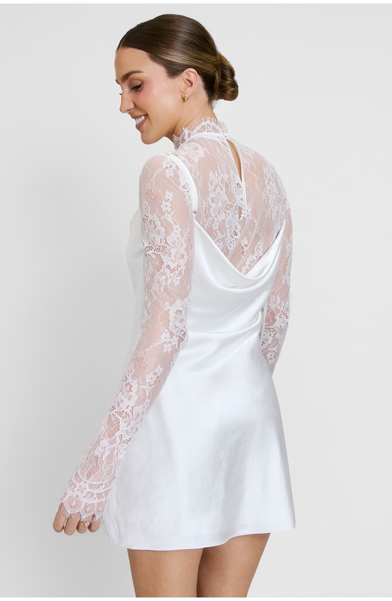 Six Stories Lace Sleeve Cowl Satin Mini Dress, Alternate, color, White