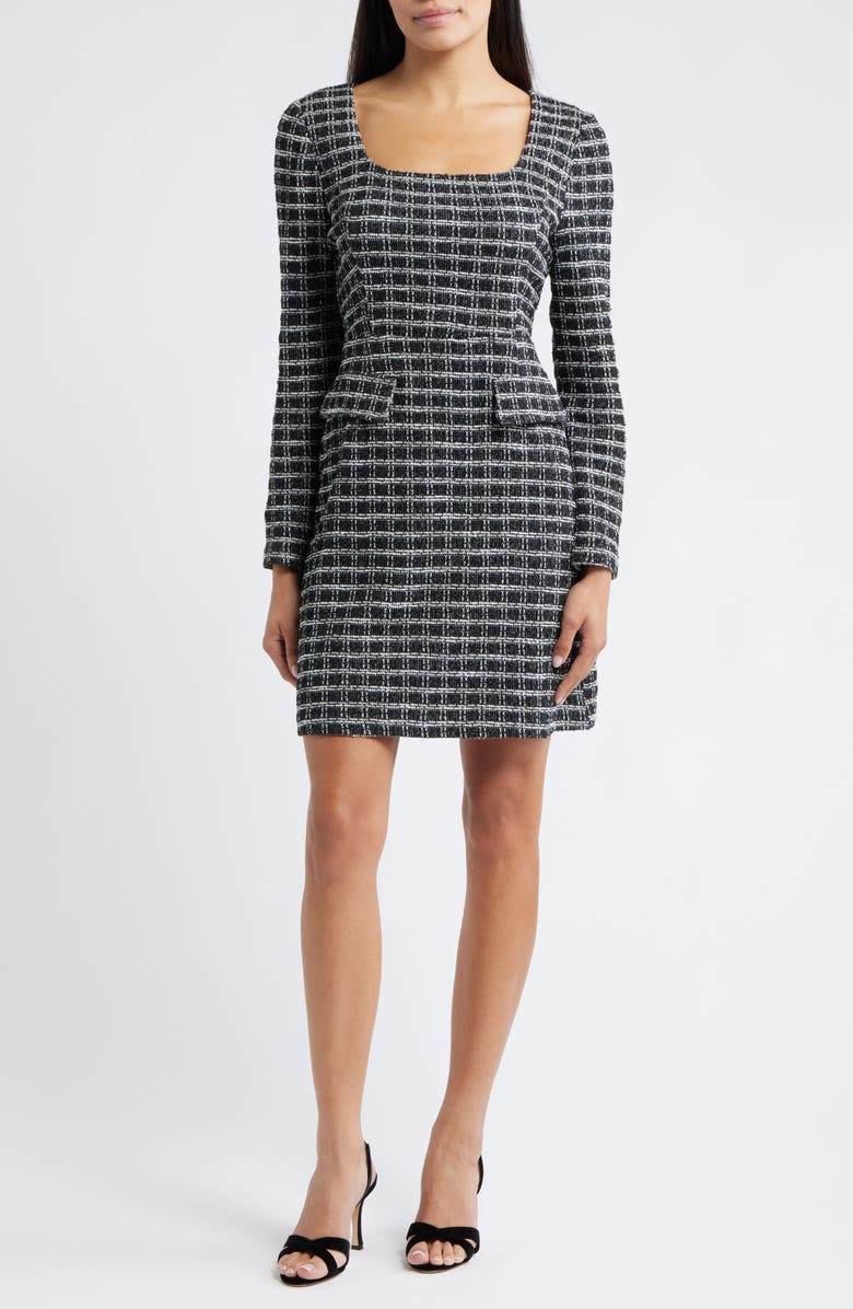 Julia Jordan Windowpane Plaid Long Sleeve Bouclé Dress, Alternate, color, Black Multi