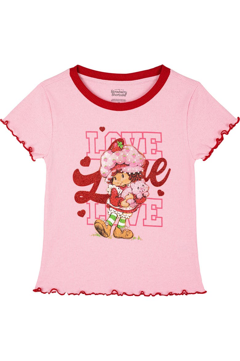 Short Sleeve T-Shirt and Ribbed Flare Pants Set, Alternate, color, Pink Red Strawberry