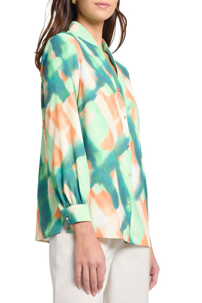 Abstract Print Crêpe de Chine Stand Collar Button-Up Shirt, Alternate, color, P GREEN/MULT