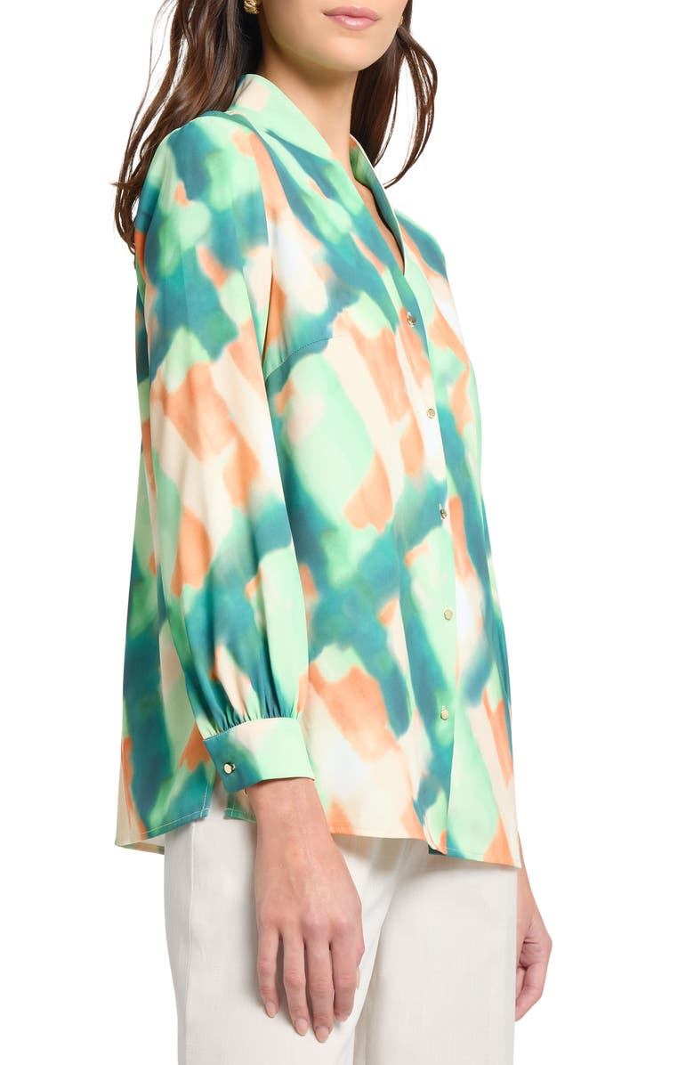 Misook Abstract Print Crêpe de Chine Stand Collar Button-Up Shirt, Alternate, color, Pale Green/Multi