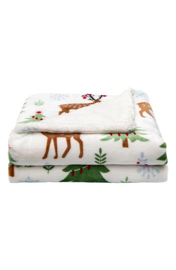 Woven & Weft Holiday Print Reversible Faux Shearling Throw Blanket