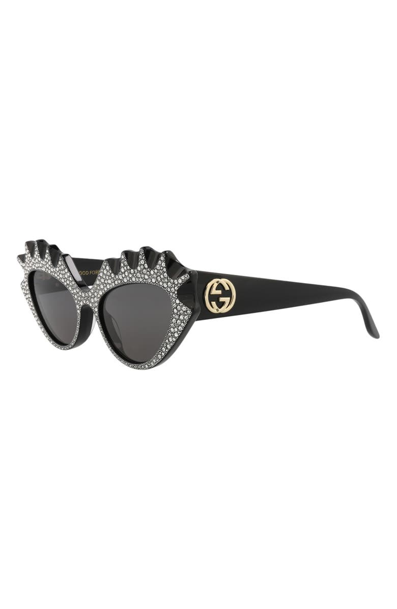 Gucci 52mm Crystal Pavé Cat Eye Sunglasses, Alternate, color, Black Black Grey