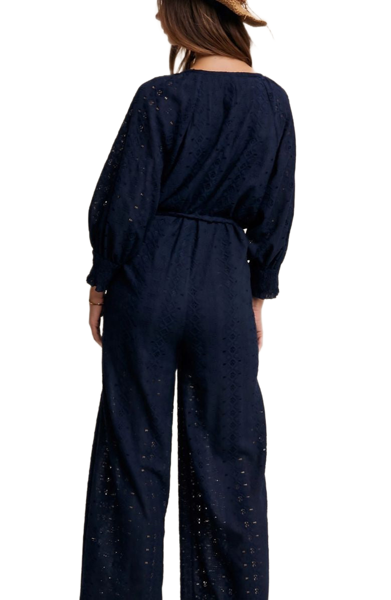 Knit and Lounge Eyelet Wide-Leg Adjustable Waist Jumpsuit, Alternate, color, Navy Eyelet