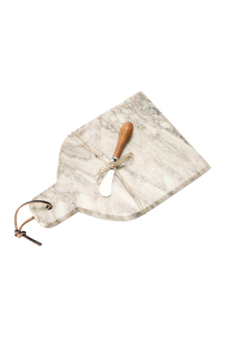 Marble Cheese and Cutting Board with Handle, Leather Tie and Canape Knife, Buff, Alternate, color, Brown