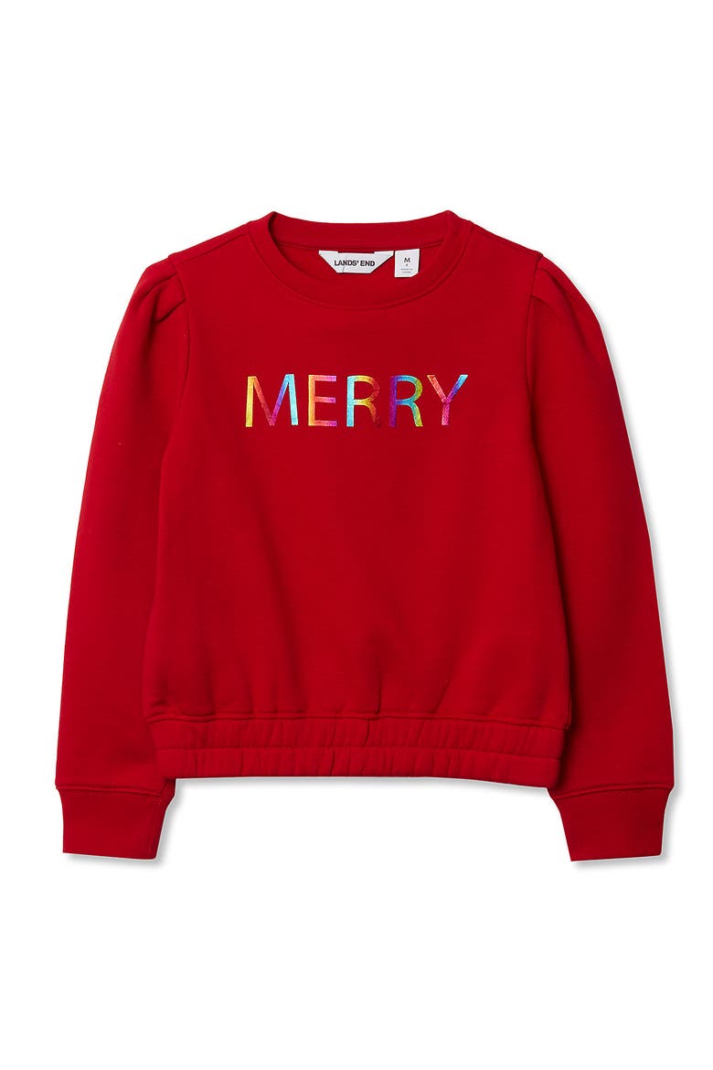 Girls Puff Shoulder Crew Neck Sweatshirt, Main, color, Apple Red Merry