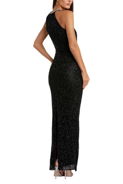Mac Duggal Halter Neck Sequin Gown In Black