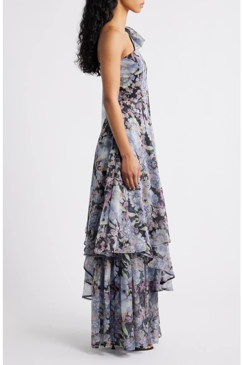 Amara Floral One-Shoulder Gown, Alternate, color, GREY MULTI