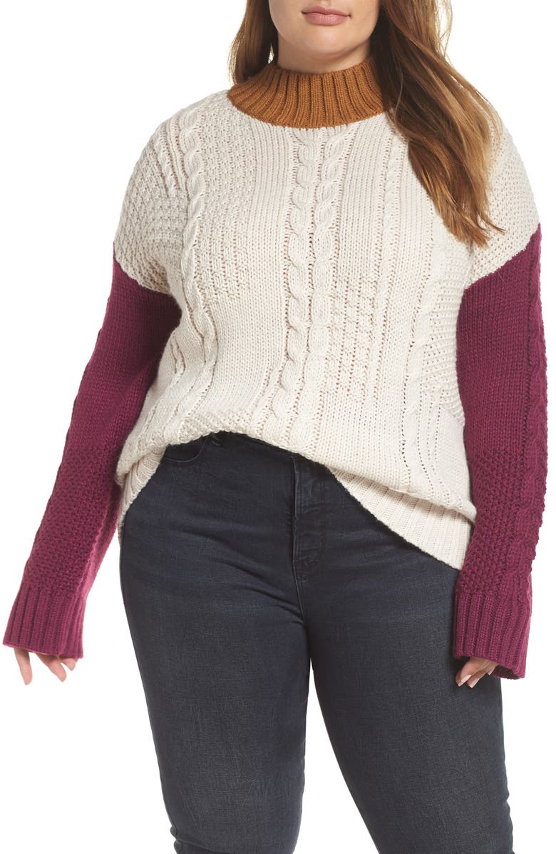 BP. Colorblock Cable Knit Pullover, Alternate, color, 