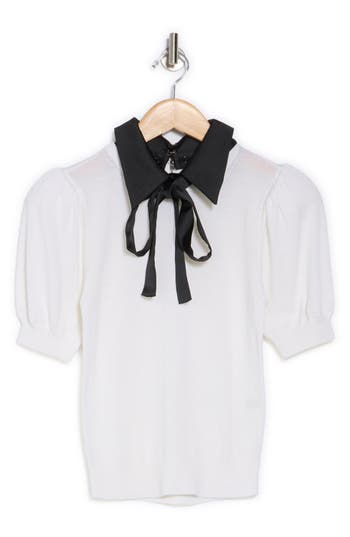 ALICE AND OLIVIA ALICE + OLIVIA CHASE STRETCH WOOL SWEATER WITH DETACHABLE SATIN COLLAR 