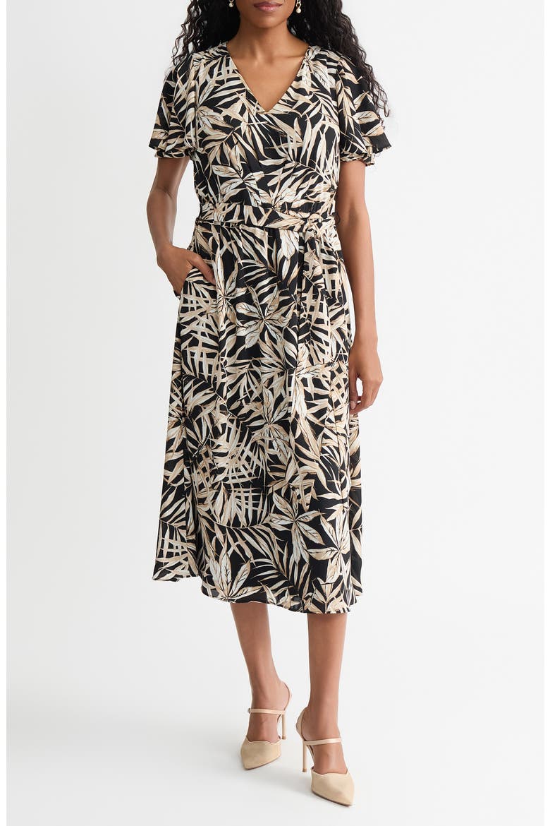 Print Flutter Sleeve Midi Dress, Main, color, BLACK MULTI