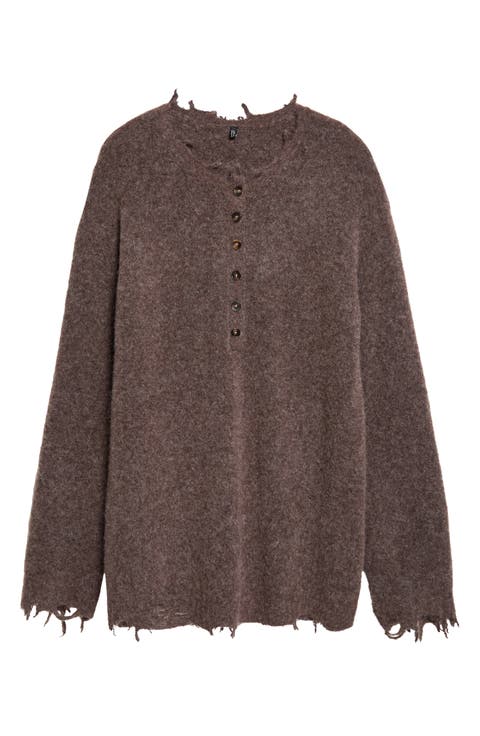 Relaxed Distressed Henley Sweater