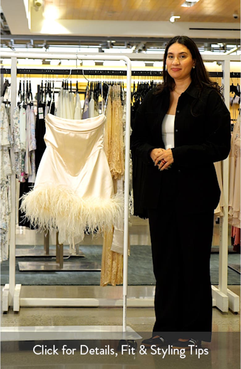 Adrienne Ostrich Feather Hem Strapless Satin Cocktail Minidress, sales video thumbnail