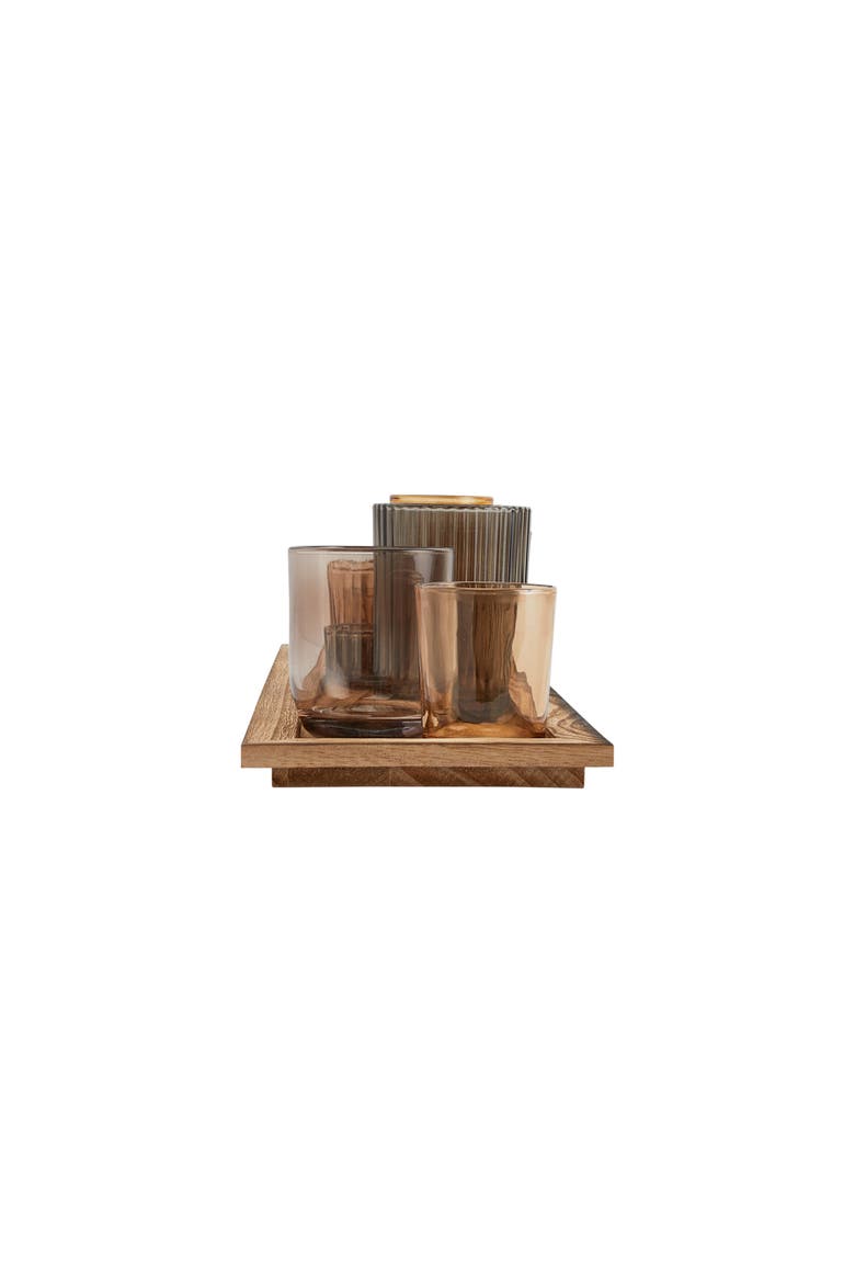 Round Glass Votive Holders on Wood Tray, Brown, Set of 10, Alternate, color, Brown