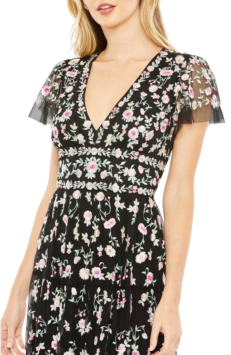 Mac Duggal Embroidered V Neck Cap Sleeve Midi Dress, Alternate, color, Black Multi