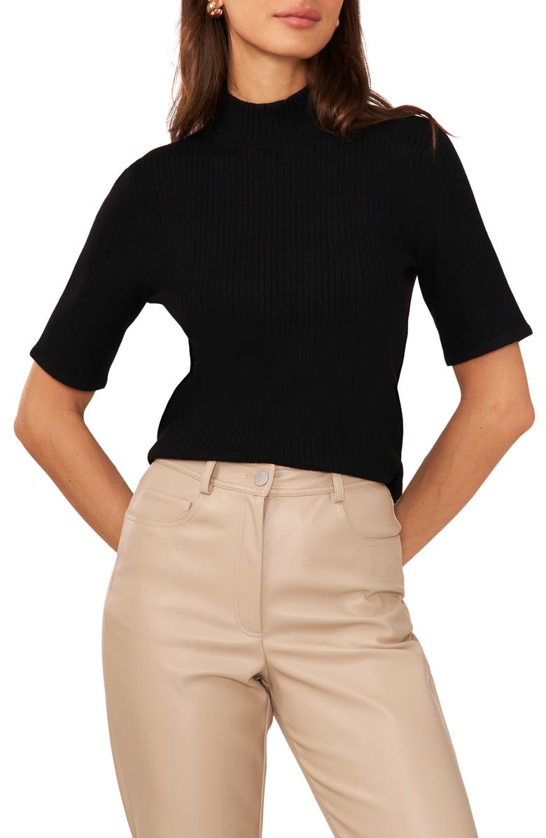 Halogen<sup>®</sup> Short Sleeve Mock Neck Rib Sweater, Main, color, Rich Black