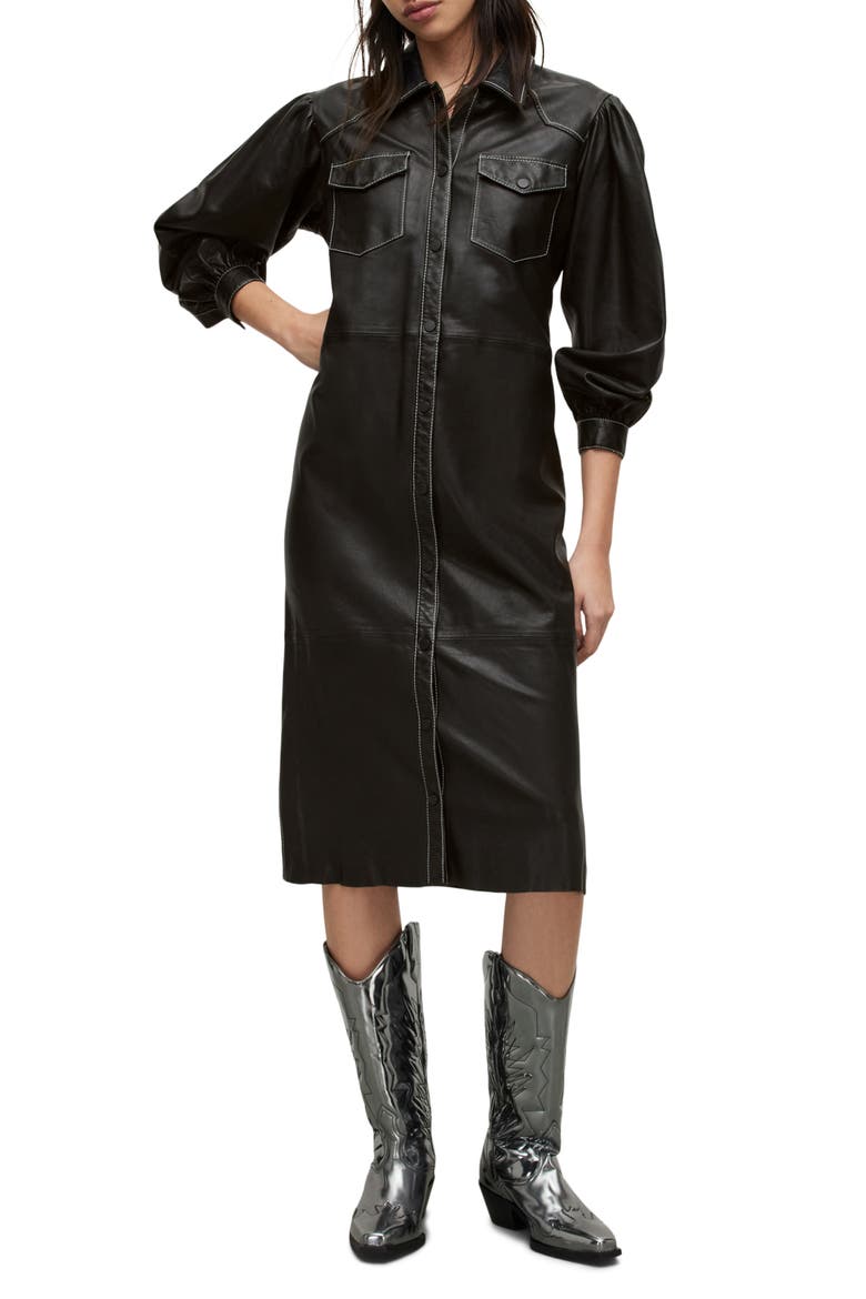 Ava Long Sleeve Leather Shirtdress, Main, color, BLACK