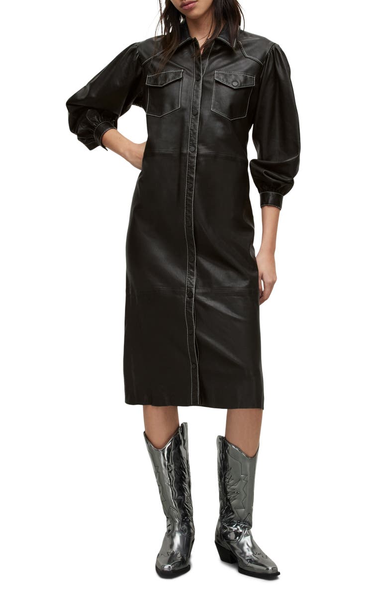 AllSaints Ava Long Sleeve Leather Shirtdress, Main, color,