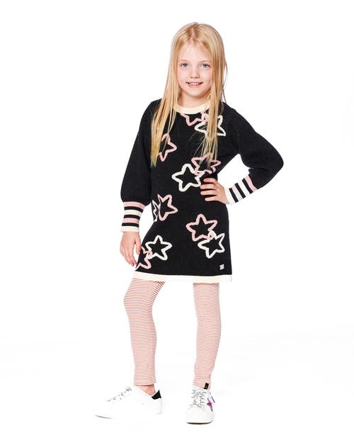 Deux Par Deux Long Sleeve Knit Dress With Stars In Black