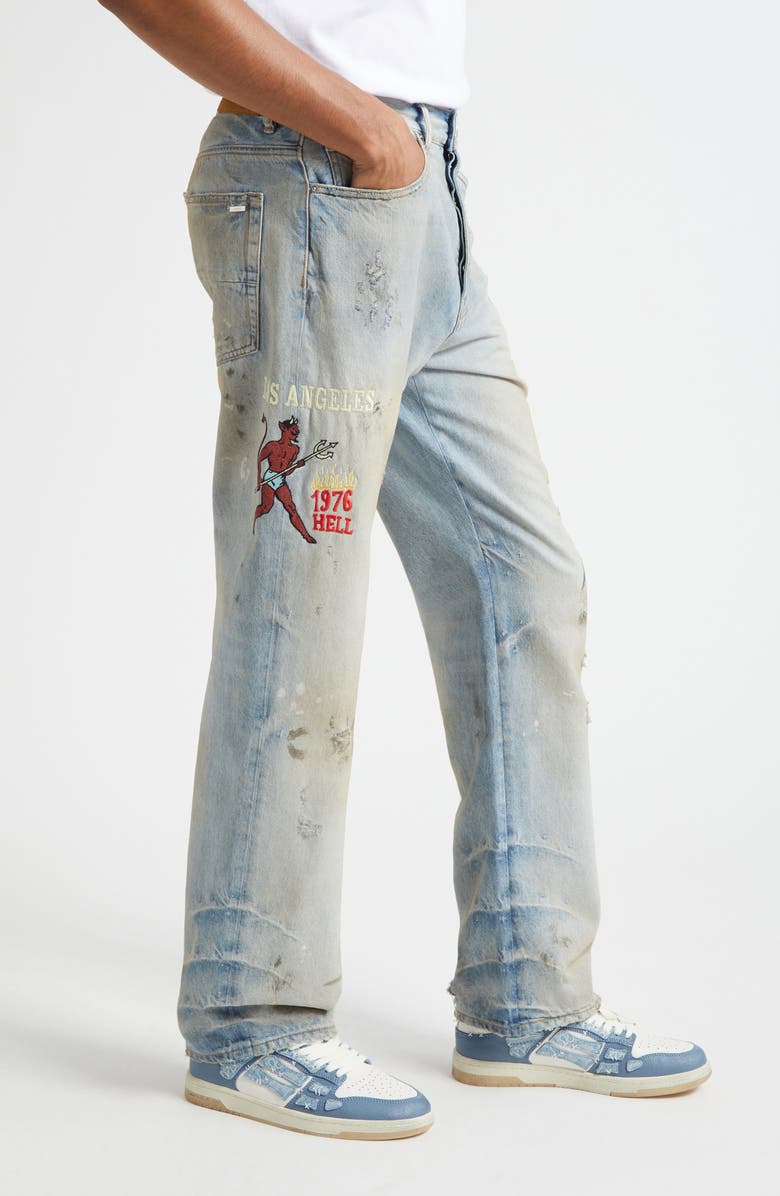 AMIRI Sinners Embroidered Distressed Jeans, Alternate, color, Perfect Antique Indigo
