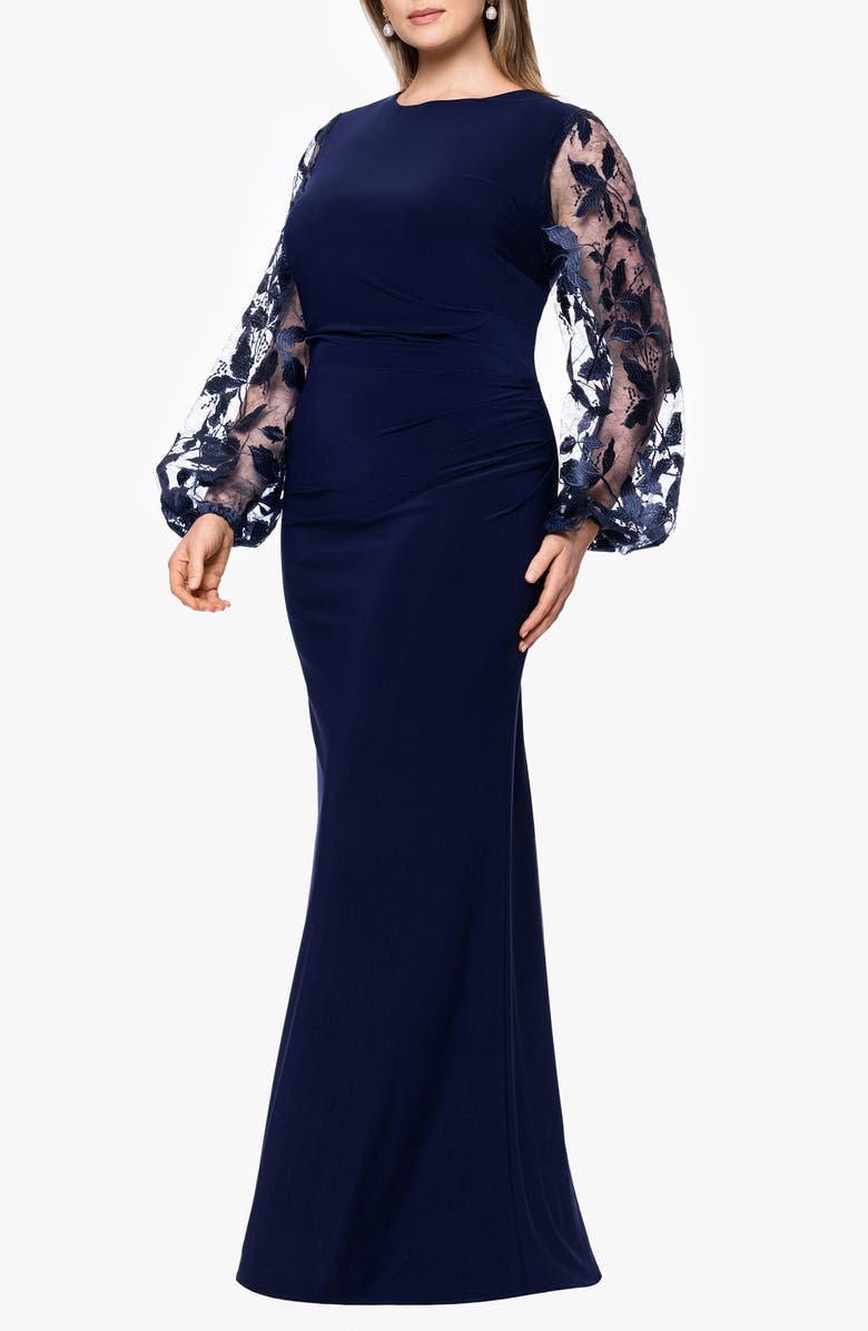 Betsy & Adam Embroidered Sheer Long Sleeve Gown, Alternate, color,