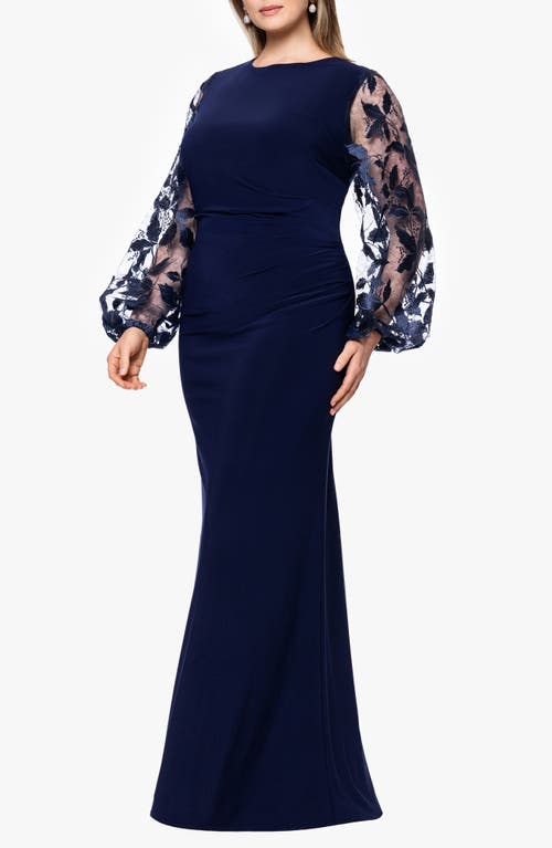 Betsy & Adam Embroidered Sheer Long Sleeve Gown