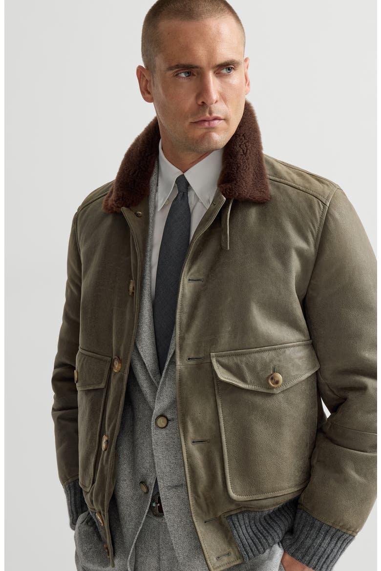 Waxed shearling bomber jacket with shearling collar, Alternate, color, Military