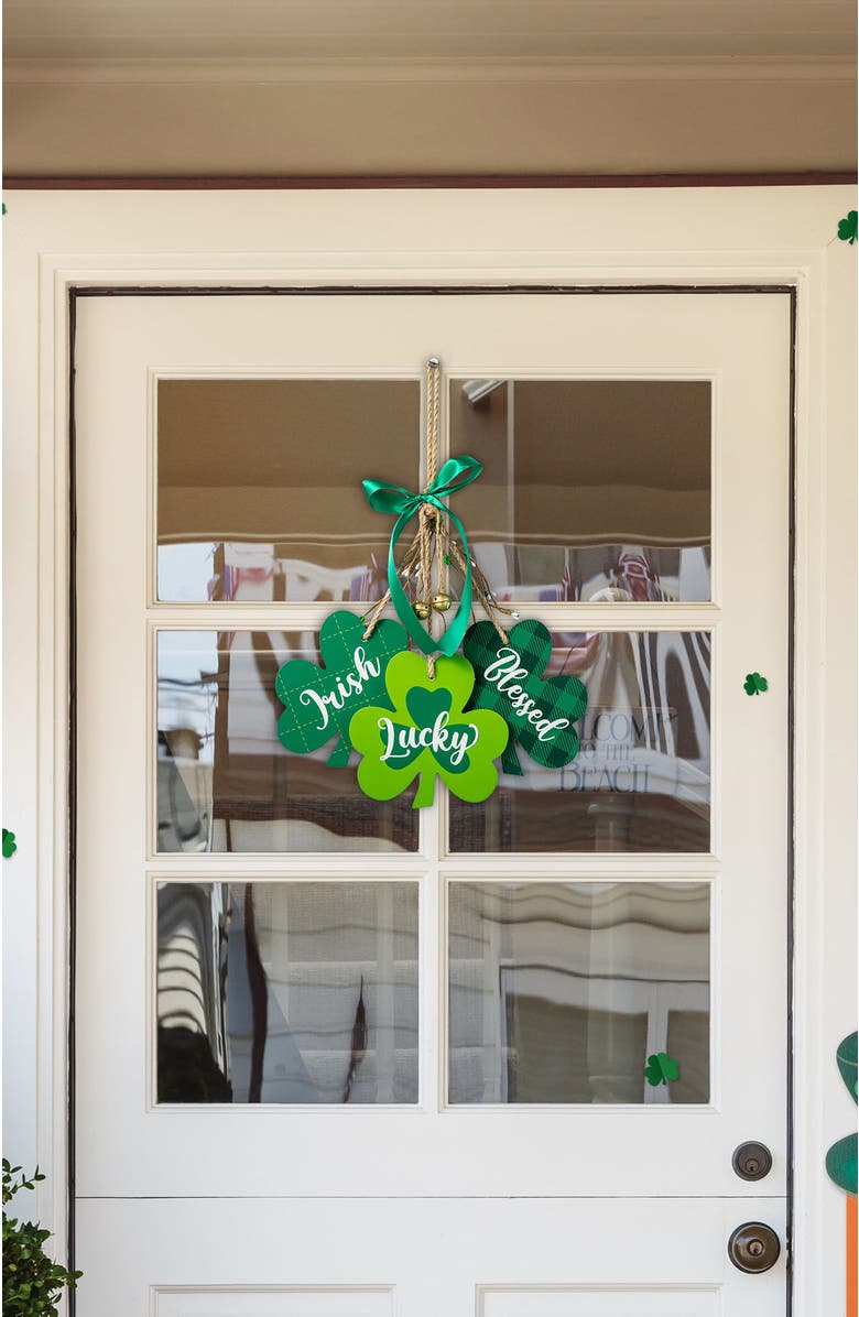 Glitzhome St. Patrick's Wooden Shamrock Door Hanger, Alternate, color, Green