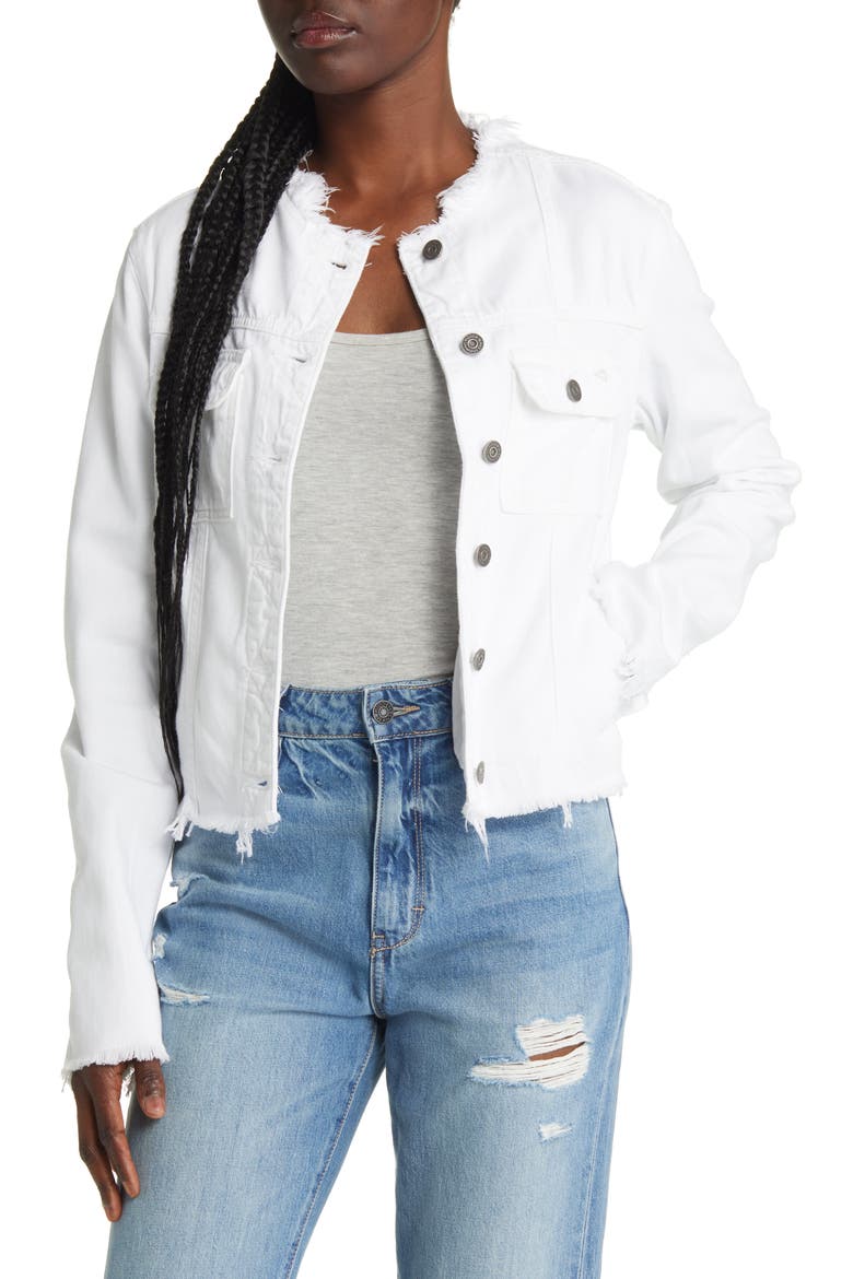 Fitted Frayed Denim Trucker Jacket, Main, color, WHITE