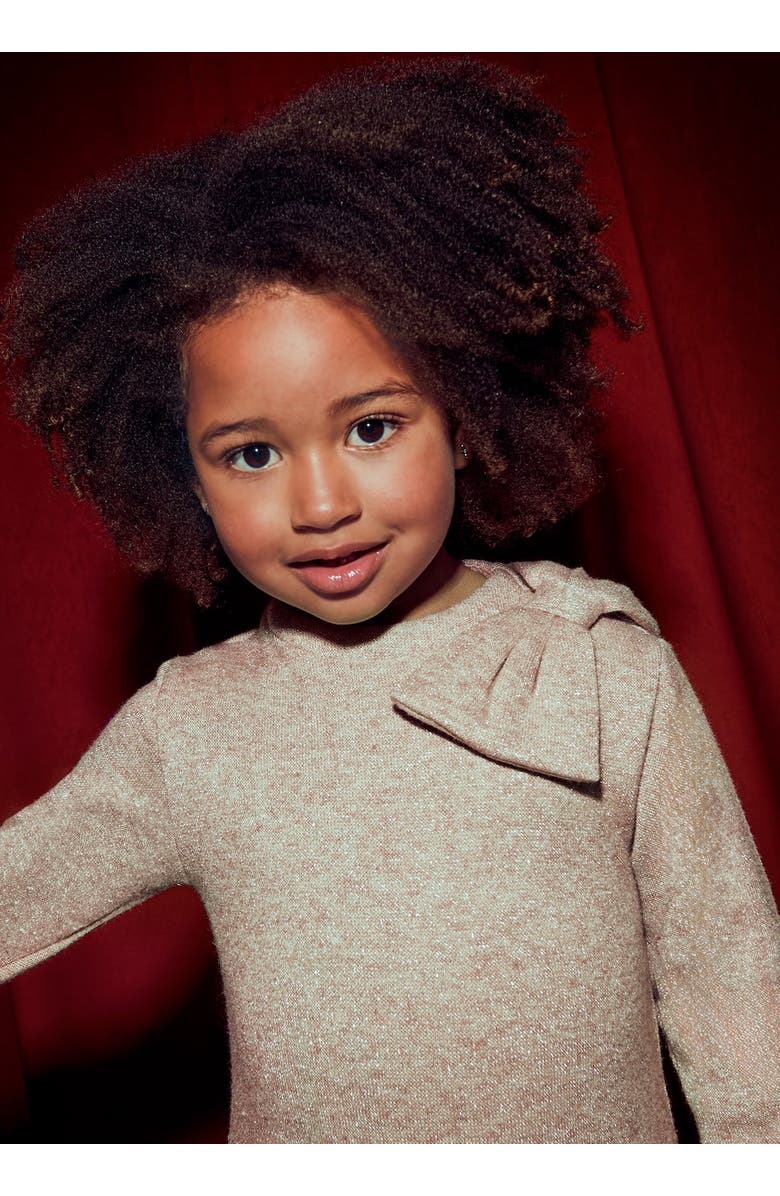 Mayoral Velvet Pleated Dress with Shoulder Bow, Alternate, color, Beige