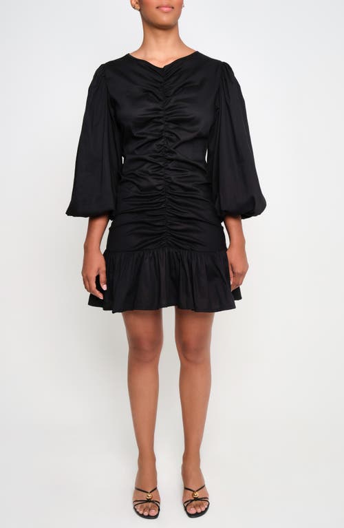 The Lulo Project Fuego Ruched Balloon Sleeve Stretch Cotton Fit & Flare Dress In Black