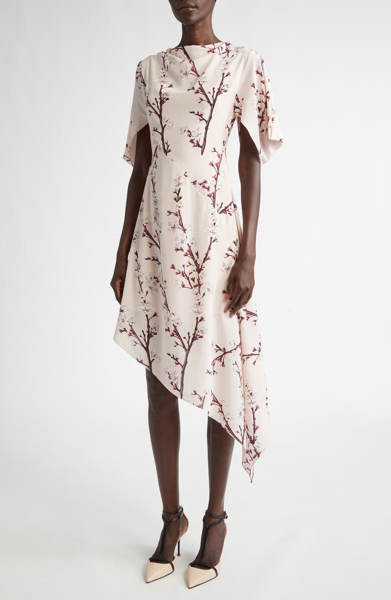 McQueen Cherry Blossom Asymmetric Silk Dress, Alternate, color, 