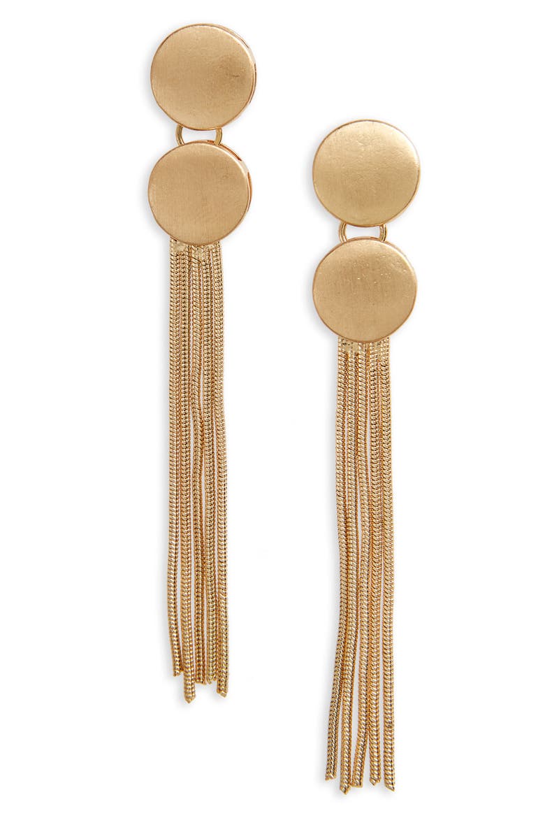 Metal Button Tassel Earrings, Main, color, WORN GOLD