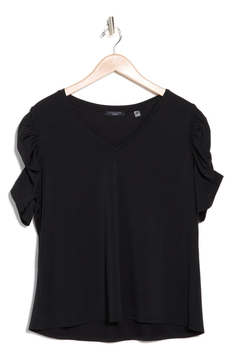 T Tahari Ruched V-Neck T-Shirt, Alternate, color, Black