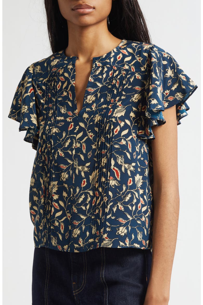 Adoni Floral Silk Split Neck Top, Alternate, color, MIDNIGHT GARDEN