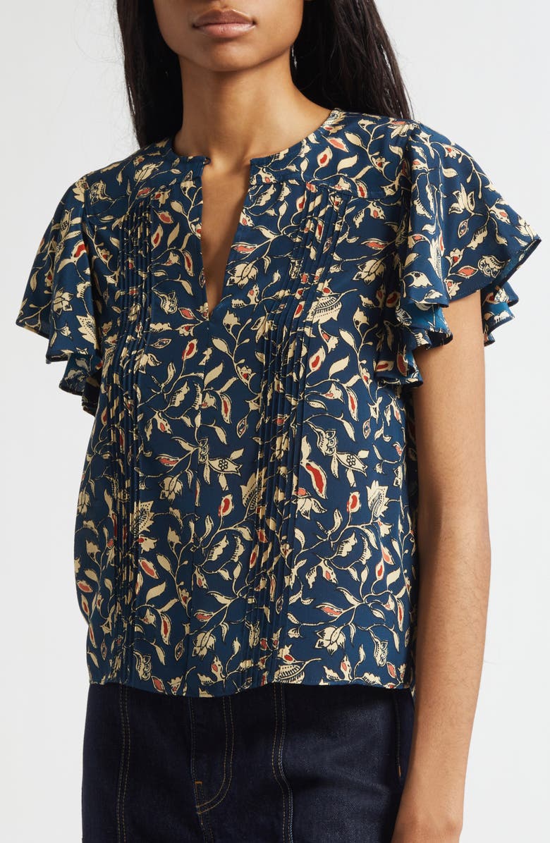 Ulla Johnson Adoni Floral Silk Split Neck Top, Alternate, color, Midnight Garden