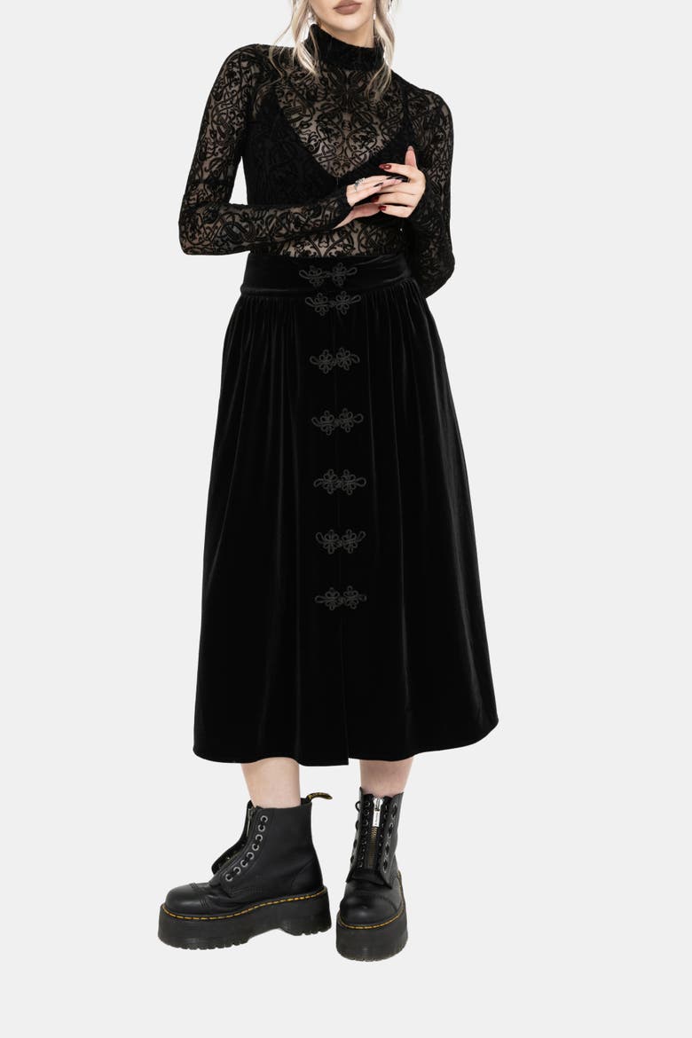 Nova Velour Frog Closure Midi Skirt, Alternate, color, Black
